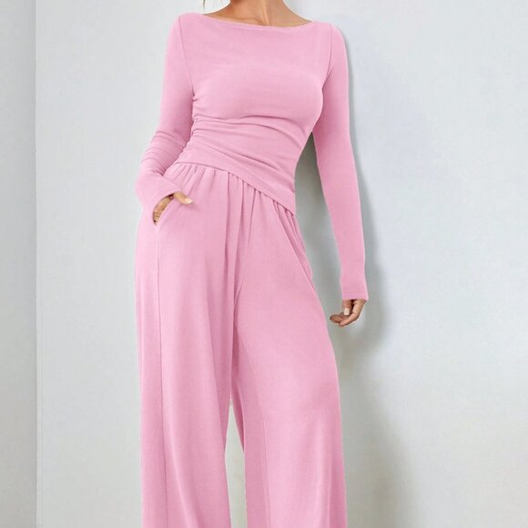 Pink Casual Women's Long Sleeve Blouse And Pants lounge Coord Set - Picture 2 of 7